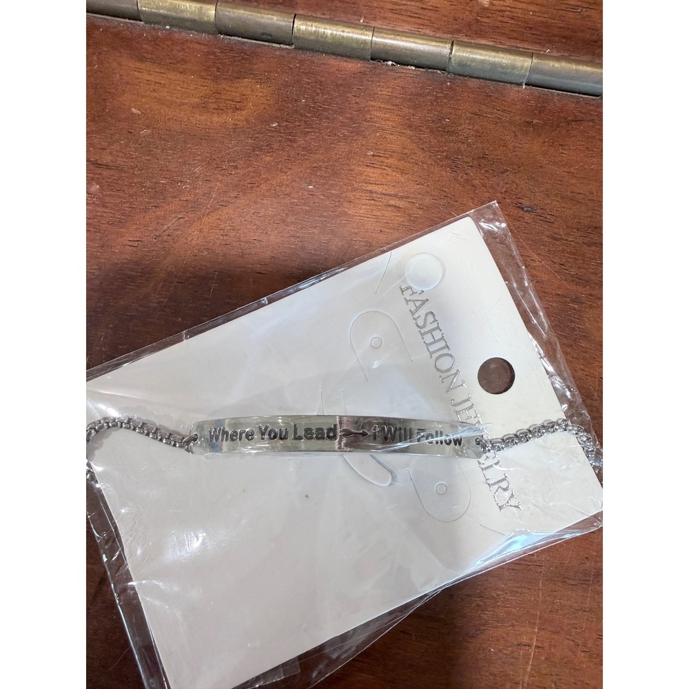 Where You Lead I Will Follow Bar Bracelet Silver Tone Box Chain Heart Charm New